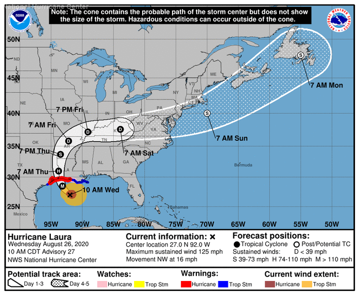 The cone of uncertainty for Hurricane Laura on August 26, 2020